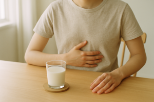 Persoon met hand op bovenbuik naast een glas melk aan een lichte keukentafel