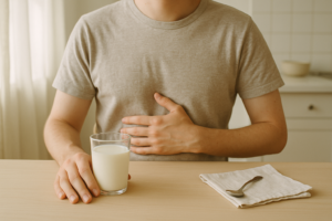 Persoon met een hand op de buik naast een glas melk aan een lichte keukentafel