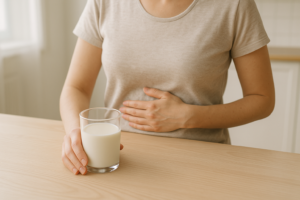 Persoon met hand op de buik naast een glas melk aan een lichte keukentafel
