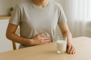 Persoon met hand op de buik naast een glas melk op tafel, rustig klachtenbeeld