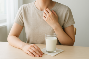 Persoon aan tafel met een glas melk en een hand bij de hals, als rustig beeld bij mogelijke huidreactie na zuivel