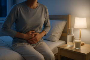 Volwassene zit rechtop in bed met handen op de buik naast een glas melk op het nachtkastje