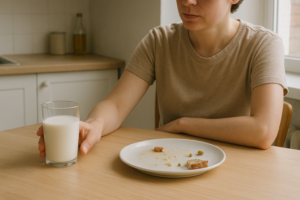 Persoon die na de maaltijd nadenkend naar een glas melk kijkt aan een lichte keukentafel
