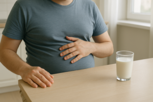Persoon met een licht opgeblazen buik zit aan tafel naast een glas melk