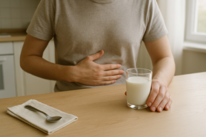 Persoon met hand op buik naast een glas melk aan een lichte keukentafel