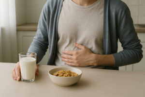 Persoon aan de ontbijttafel met glas melk en hand op buik bij opgeblazen gevoel