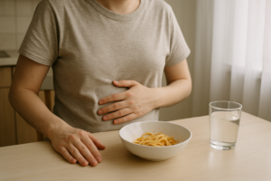 Persoon met opgeblazen buik na een bord pasta aan een lichte keukentafel