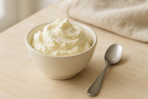 Kommetje romige mascarpone op een lichte keukentafel in daglicht