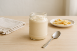 Glazen potje mayonaise met lepel op een lichte keukentafel