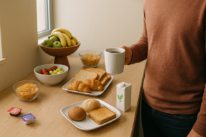 Ontspannen hotelontbijt met koffie, fruit, brood en een plantaardige drinkoptie op tafel