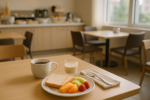 Ontbijttafel in een licht hotel met koffie, plantaardige melk, brood en fruit voor iemand met koemelk-intolerantie.