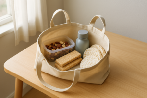 Open tas met eenvoudige koemelkvrije snacks op een lichte tafel, klaar voor een dagje weg