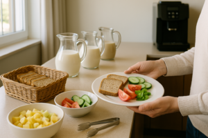 Ontspannen keuze bij een hotelbuffet met koemelkvrije opties zoals brood, fruit en groente