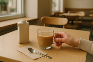 Hand pakt een koffie met plantaardige melk op een lichte cafétafel
