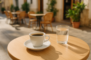 Koffie op een Spaans terras zonder melk op een lichte houten tafel