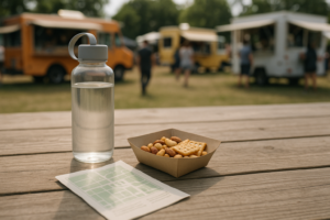 Ontspannen festivalscene met tafel, snacks en waterfles voor iemand die koemelk wil vermijden