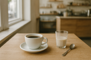 Kop zwarte koffie met een glas plantaardige melk op een tafeltje in een lichte koffiezaak