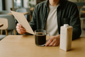 Persoon leest een menukaart in een lichte koffiebar met zwarte koffie en plantaardige drank op tafel