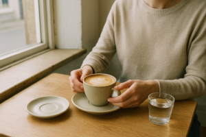 Persoon drinkt koffie met plantaardige melk in een lichte koffiebar in het Verenigd Koninkrijk