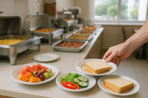 Ontspannen hotelbuffet met borden fruit en brood in een lichte ontbijtruimte