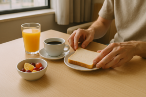 Ontspannen hotelontbijt met eenvoudig brood, fruit en koffie zonder zichtbare zuivelproducten