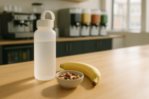 Sportkantine met eenvoudige lactosevriendelijke snacks op een tafel, zoals noten en fruit, in helder daglicht