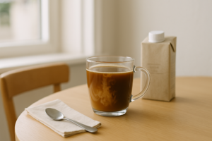 Kop koffie met plantaardige melk op een lichte cafétafel