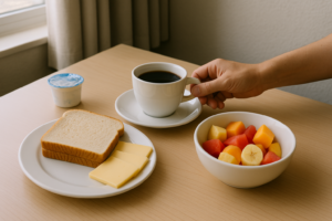Eenvoudig hotelontbijt met koffie, brood, kaas en fruit op een lichte tafel