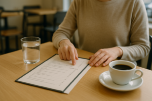 Persoon bekijkt rustig een menukaart in een licht restaurant met een kop zwarte koffie op tafel