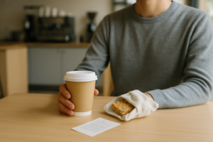 Persoon in een koffiezaak met koffie en een kleine lactosevrije back-up in de tas