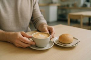 Koffie met plantaardige melk en een eenvoudig broodje op een lichte cafetafel