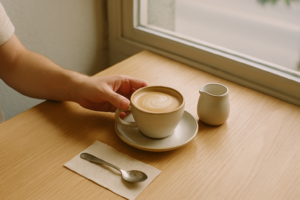 Kop koffie met plantaardige melk op een lichte cafétafel, met een hand die het kopje vasthoudt
