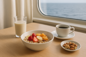 Ontbijttafel op een cruiseschip met muesli, fruit, koffie en een glas plantaardige melk in zacht daglicht