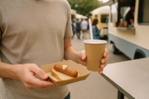 Persoon met lactose-intolerantie met een eenvoudige snack en drankje bij een foodtruck op een zonnig festival