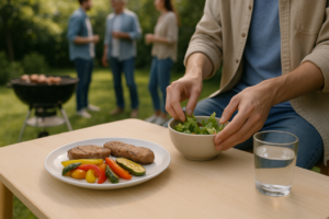 Vrienden bij een ontspannen BBQ met een bord eenvoudig gegrild vlees en groente, passend bij lactose-intolerantie.