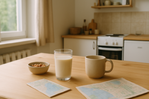 Eenvoudige vakantiekeuken in een Airbnb met een glas melkvervanger en koffie op tafel