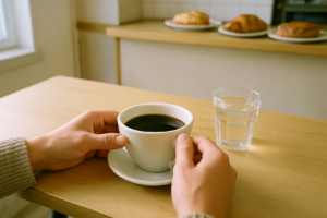 Persoon drinkt zwarte koffie in een Frans café met enkele gebakjes op de achtergrond