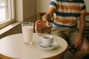 Glas melk en espresso op een eenvoudig tafeltje in een lichte Italiaanse cafésetting