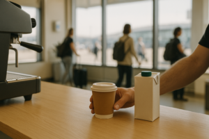 Koffiebar in een lichte luchthavenomgeving met een kop koffie en plantaardige melk op de toonbank