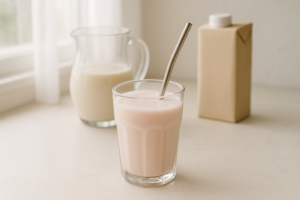 Glas milkshake op een lichte keukentafel met op de achtergrond een neutrale melkkan