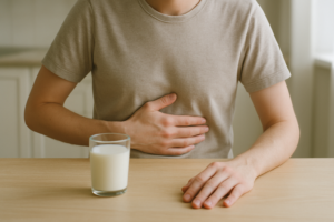 Persoon met hand op de bovenbuik naast een glas melk op een lichte keukentafel