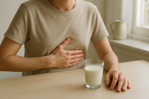 Persoon met lichte buikklachten zit aan een tafel met een glas melk
